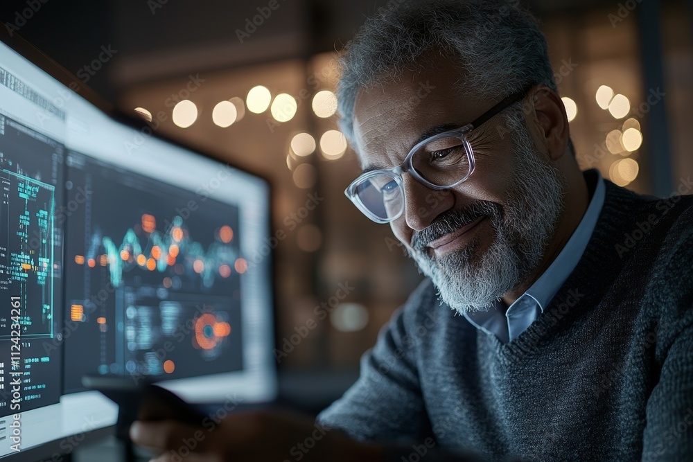 Poster professional man analyzing data on a smartphone while working in a modern office at night
