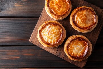 Classic Australian meat pie on wood Whole intact savory puff pastry Overhead view empty space