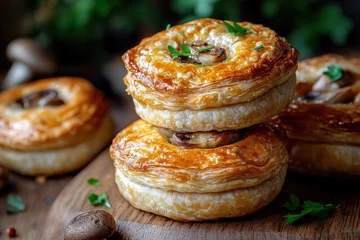 Gordijnen Classic Australian mini meat pie on wood Chicken and mushroom puff pastry Tasty meat pie © TuruMuru