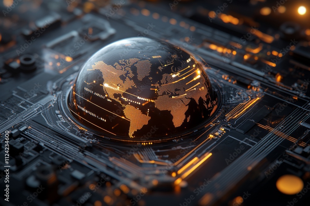 Poster digital globe representation on circuit board showcasing technological advancement and global connec