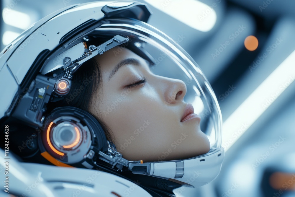 Aufkleber portrait of an astronaut in a futuristic helmet during a space mission, reflecting advanced technolo