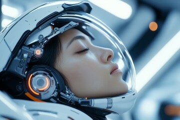 Fototapeta premium Portrait of an astronaut in a futuristic helmet during a space mission, reflecting advanced technology and exploration in a high-tech environment