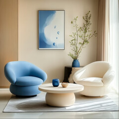 Blue and beige armchairs with coffee table against stucco wall  design of modern living room