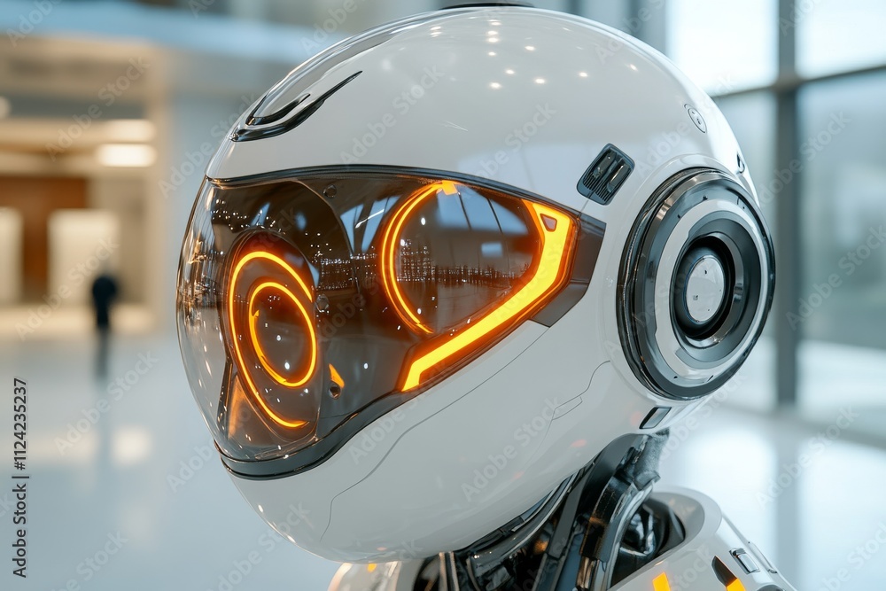Poster robot with glowing features in a modern indoor environment showcasing advanced technology and design