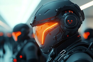 Fototapeta premium Futuristic soldiers in advanced armor with glowing visors stand ready in a high-tech setting