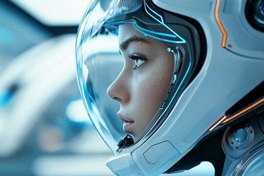 Female astronaut in advanced space suit preparing for a mission aboard a futuristic spacecraft at a high-tech space station