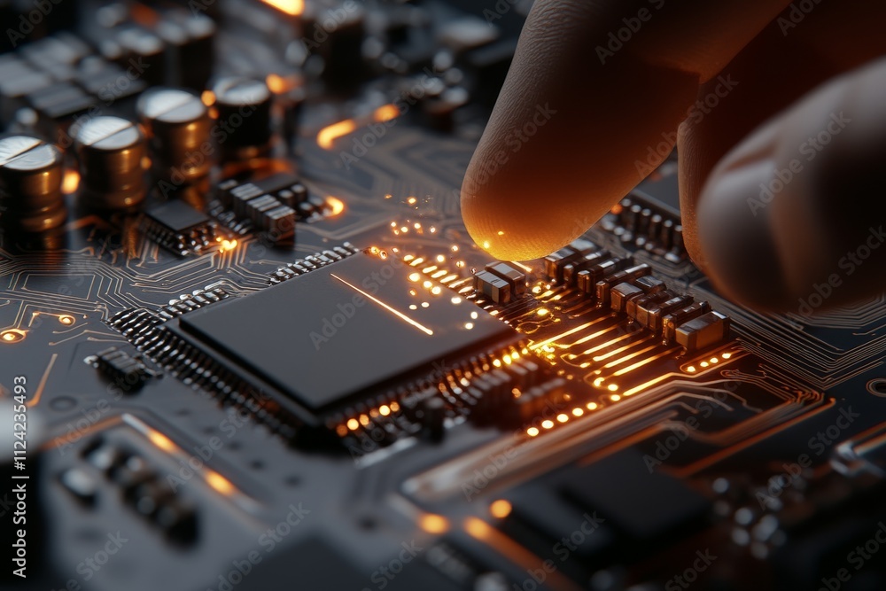 Poster close-up view of a finger touching a microchip on a circuit board illuminated by orange lights
