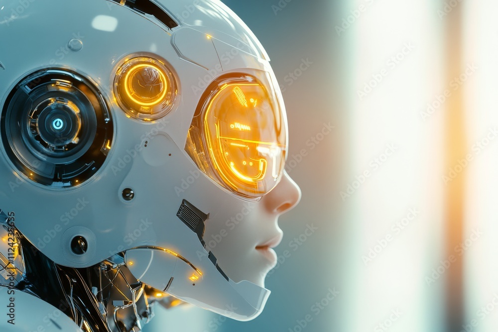 Poster futuristic robot with glowing features and intricate design showcases advanced technology in a sleek