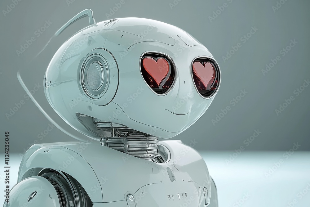 Poster robot with heart-shaped eyes displaying affection in a modern, minimalistic setting