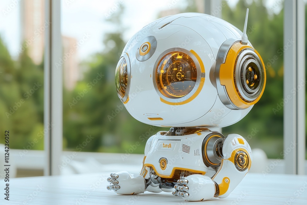 Aufkleber robot with sleek design interacts in a modern setting surrounded by greenery on a sunny day