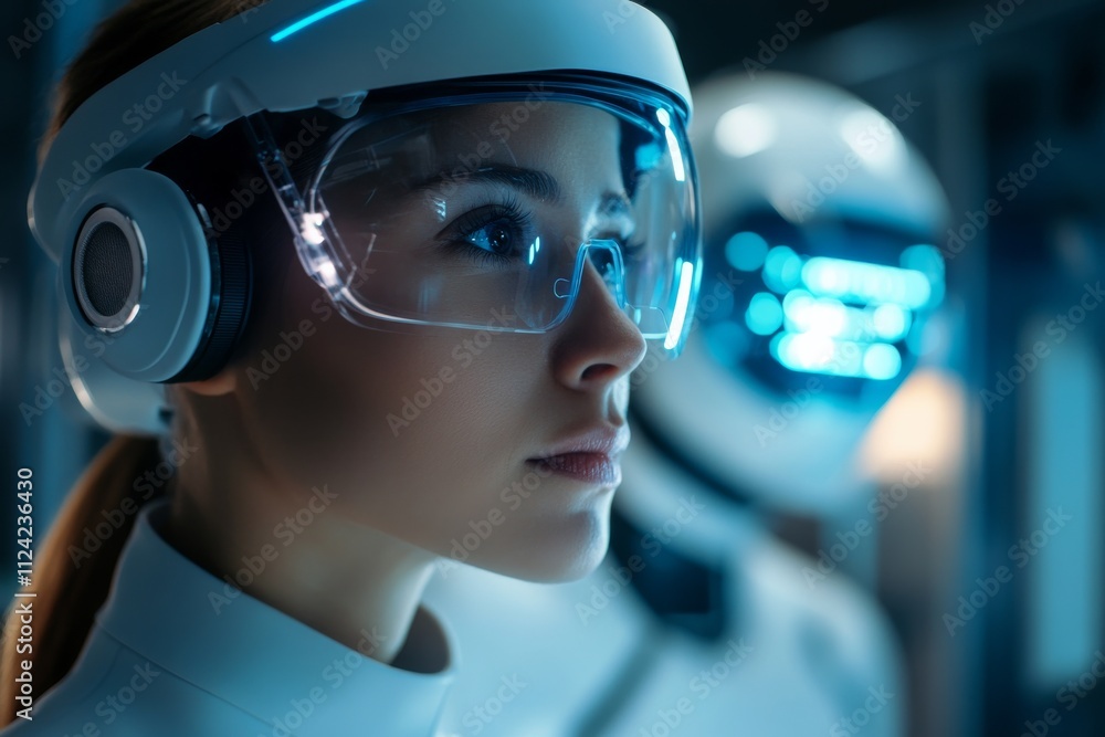 Poster futuristic scientist wearing advanced technology headset in a high-tech laboratory setting