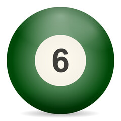 A close-up image of a green billiard ball with the number six on it