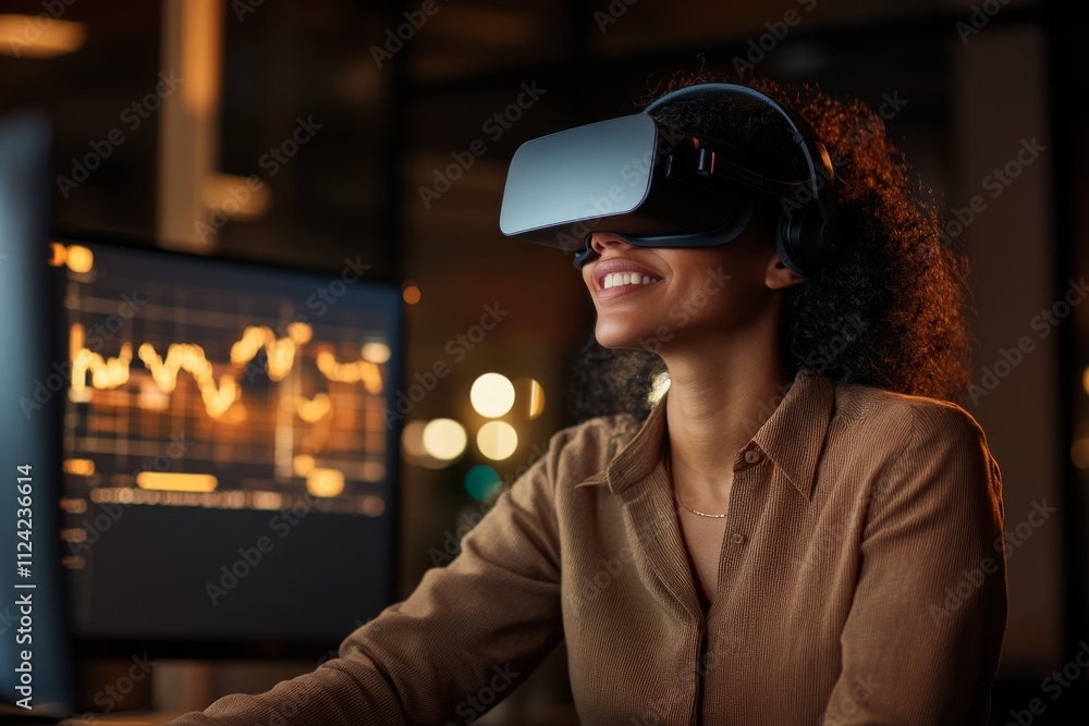 Poster woman engaged in virtual reality experience while analyzing data on computer screen at night