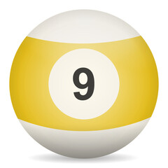 A detailed image of a yellow billiard ball, number nine isolated background