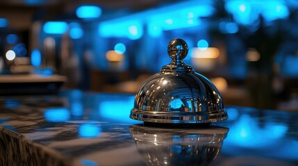 Polished silver service bell in focus, resting on a marbled counter with glowing blue highlights behind it