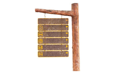 Signs brown wood old symbol tell way with arrows and icon Village, Visitor Center, Headquarters, Staff Shelter. Isolated on cut out PNG or transparent background. For natural tourist parks in Thailand