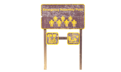 Signs brown wood old symbol Emergency Assembly Point isolated on cut out PNG or transparent background. Assembly Area is safe place is used as area to check for stranded persons.