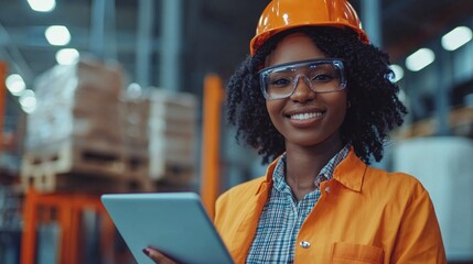 A skilled female food factory inspector stands in a vibrant production facility, confidently holding a tablet while overseeing quality assurance procedures