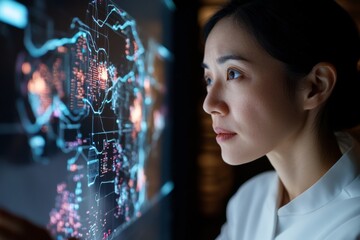 Woman analyzing digital data on a holographic display in a modern tech environment at night