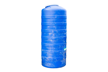 Old blue plastic water tank blue storage system, cistern isolated on cut out PNG or transparent background. At park behind large swimming pool to store water old and unusable.