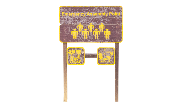 Signs brown wood old symbol Emergency Assembly Point isolated on cut out PNG or transparent background. Assembly Area is safe place is used as area to check for stranded persons.