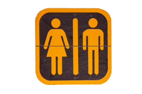 Signs Modern public toilet or bathroom sign brown wooden isolated on cut out PNG or transparent background. Symbol notifying people. Of men, women, people with person icon.