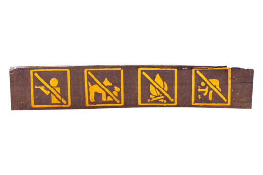 Prohibition wooden board signs, symbol in national parks isolated on cut out PNG or transparent background. No hunting, No fire, No pets allowed, No loud noise.