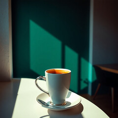A cup of coffee on a wooden table with a saucer, spoon, and plate, showcasing a warm, inviting breakfast scene