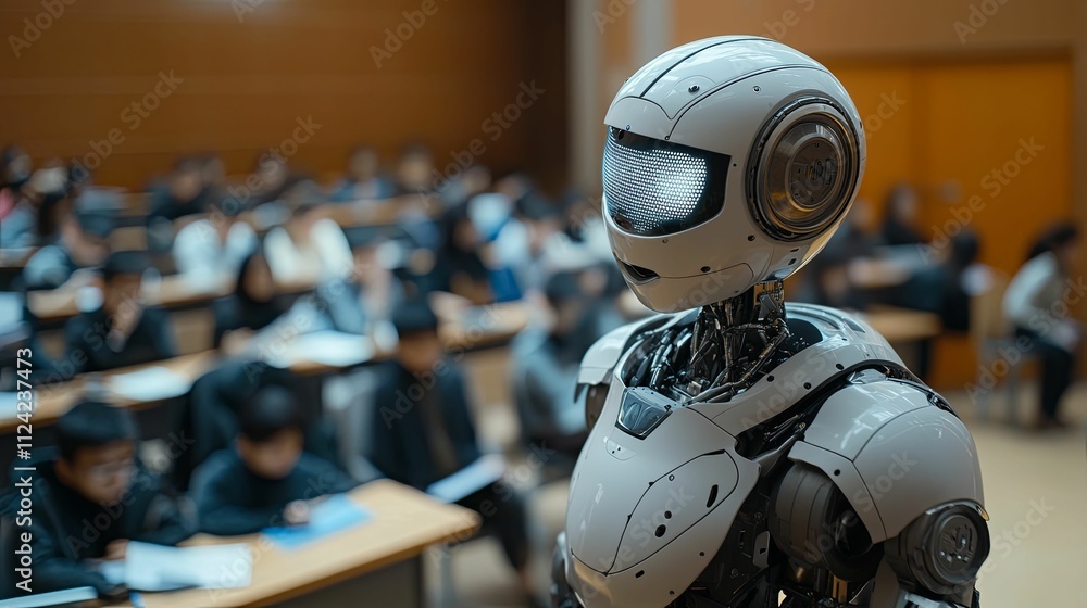 Poster advanced robot teacher addresses class of students