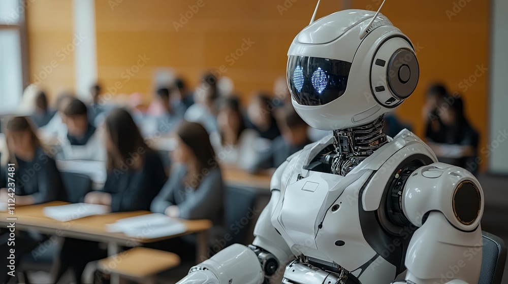 Poster advanced robot teacher in a classroom setting