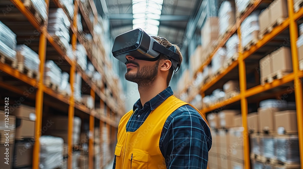 Poster warehouse worker using virtual reality headset for inventory
