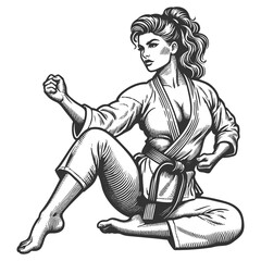 female martial artist sitting in a focused karate pose, wearing a traditional gi and belt sketch engraving generative ai raster illustration. Scratch board imitation. Black and white image.