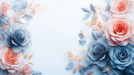 Elegant rose frame with pink and blue roses on light background symbolizing romance and serenity