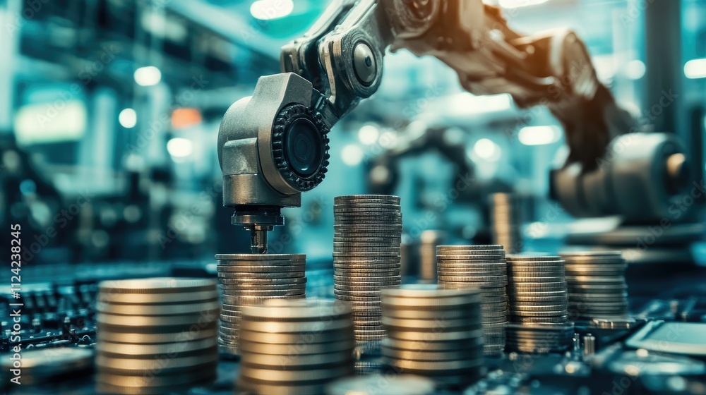 Poster robotic arms assembling stacks of coins on a high-tech background, symbolizing automated profits.