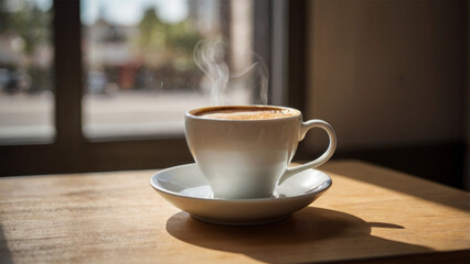 Obraz premium A cup of coffee on a wooden table with a saucer, spoon, and plate, showcasing a warm, inviting breakfast scene