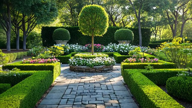 Serene Formal Garden Path Lush Greenery Boxwood Hedges Stone Walkway Landscaping Design