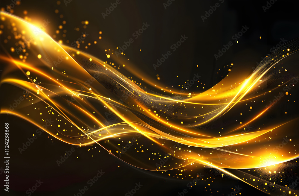 Poster a vibrant abstract design featuring flowing golden waves and sparkling particles.
