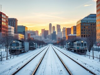 Fototapeta premium Calgary Downtown Winter Aerial Train Tracks Vibrant Vivid Colors