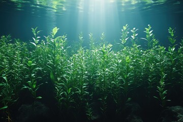 Fototapeta premium Underwater scene with lush aquatic plants illuminated by sunlight.