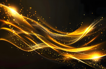 Obraz premium A vibrant abstract design featuring flowing golden waves and sparkling particles.