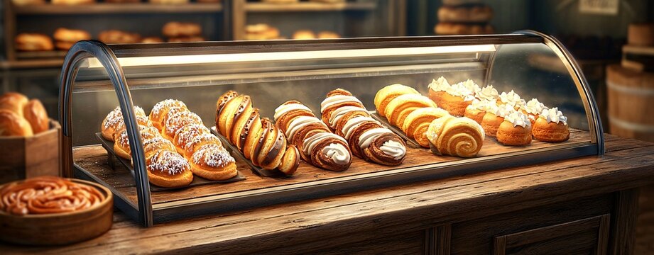 Freshly baked pastries displayed in a cozy bakery mouthwatering treats inviting atmosphere tempting choices