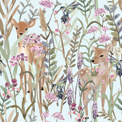 Watercolor a couple deer and humming bird in wildflower forest  seamless pattern