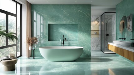 Ceramic aqua green marble bathroom.