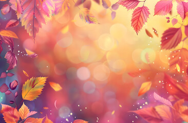 Fototapeta premium A vibrant autumn-themed background with colorful leaves and a soft bokeh effect.