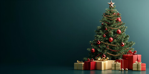 Christmas Tree with Ornaments and Lights Surrounded by Wrapped Presents on Dark Green Background