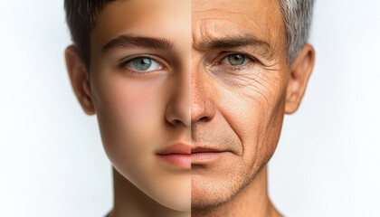 Obraz premium A young man's face is shown next to an older man's face