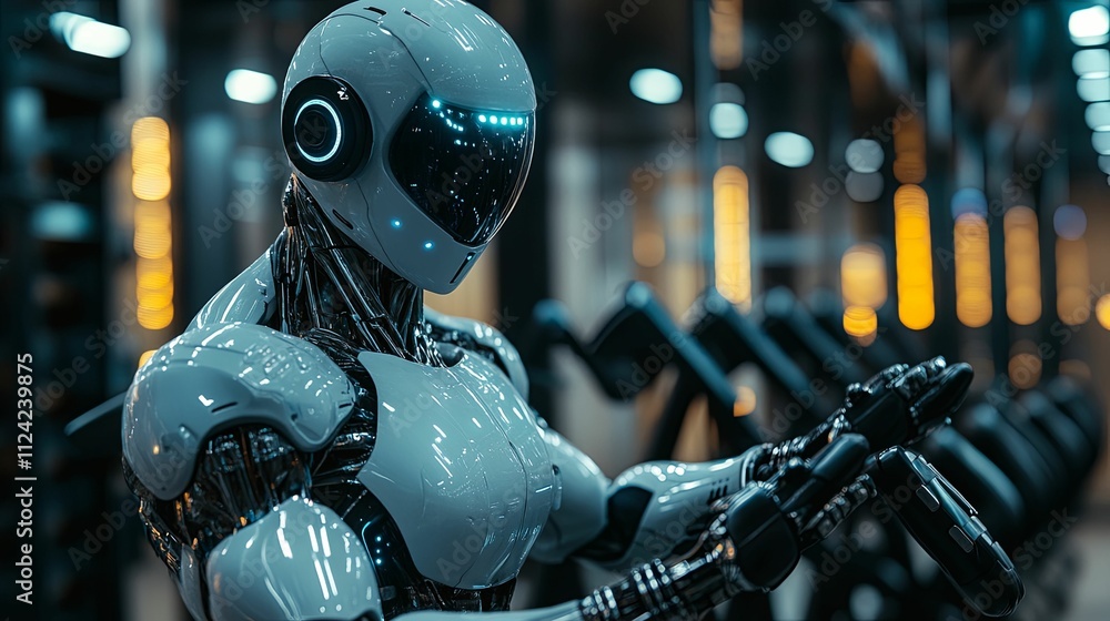 Poster advanced robot stands in futuristic factory setting