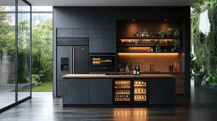 Modern, dark-toned kitchen with large island, featuring a view of a garden. Sleek appliances, wine cooler, and open shelving are incorporated into a stylish design.