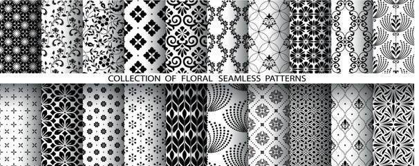 Geometric floral set of seamless patterns. White and black vector backgrounds. Damask graphic ornaments.