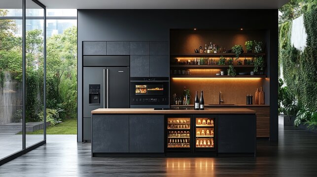 Modern, dark-toned kitchen with large island, featuring a view of a garden. Sleek appliances, wine cooler, and open shelving are incorporated into a stylish design.